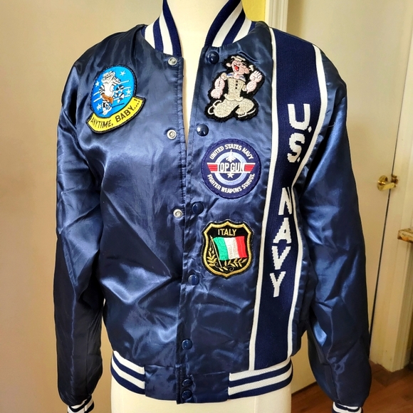 Vintage U.S. Navy Satin Bomber Jacket "Coolest Jacket" Navy Aviator Bomber sz Sm - Picture 2 of 16